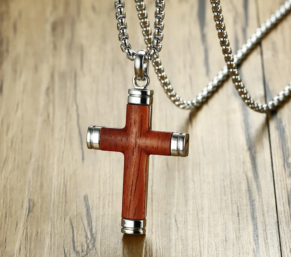 Energinox Wholesale Christian Jesus Rose Wood Inlay Stainless Steel Simple Plain Cross Pendant Necklace for Men 20 inches Chain