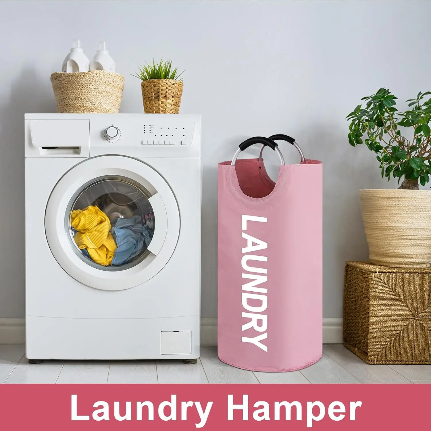 Skymoving New Custom Pink Large Dirty Laundry Basket Foldable Clothes Organizer Fabric Storage Laundry Hamper Bag with Handle