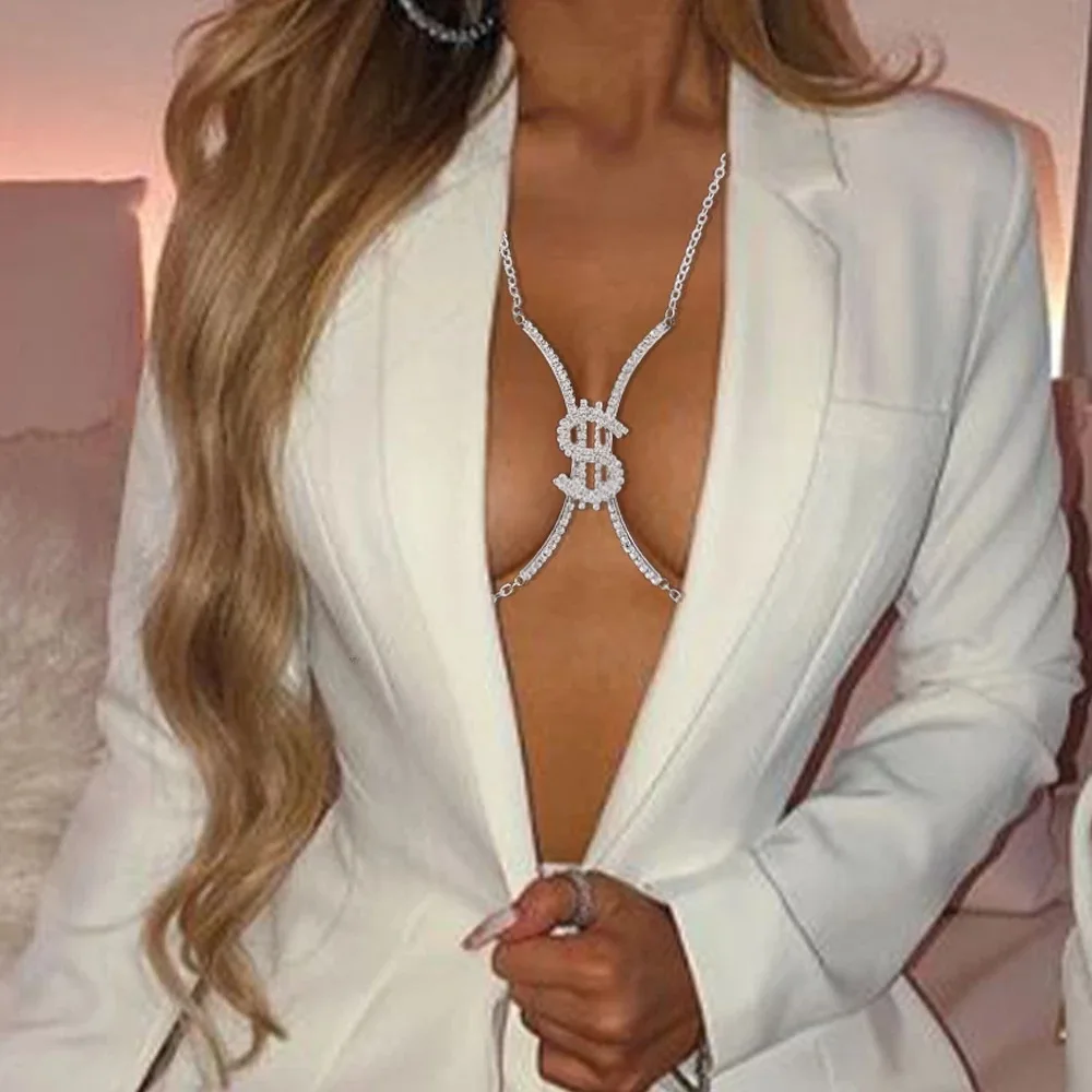 SHIHAN Bling Crystal Dollar Chest Support Body Chain Sexy Silver Plated Breast Body Chain For Women Party
