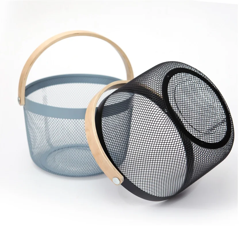 DSH with wood handle kitchen round mesh baskets storage basket fruit basket