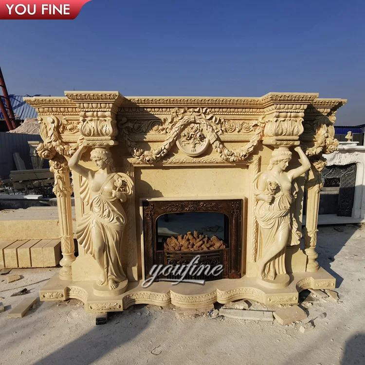 
Hand Carved Marble Lady Statues Fireplace Surround 