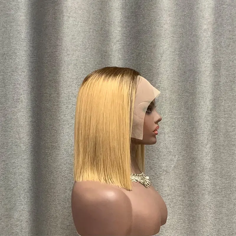 Wholesale  peruvian cheap price 10inch middle part 13x1 two tone brown color T lace short bob human hair wigs