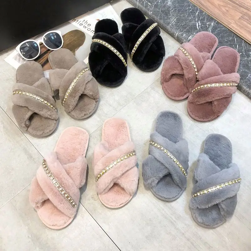 Wholesale Rhinestone Cross Belt Solid Color Furry Slippers Female Fashion Non-Slip Wear-Resistant Open-Toed Home Slippers