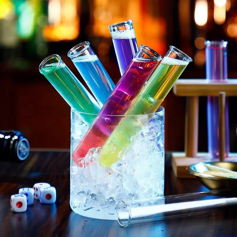 Bar Pool Party Test Tube Shot Glass Set Mini Small Drinking Vodka Whiskey Cocktail Glasses with Wooden Stand