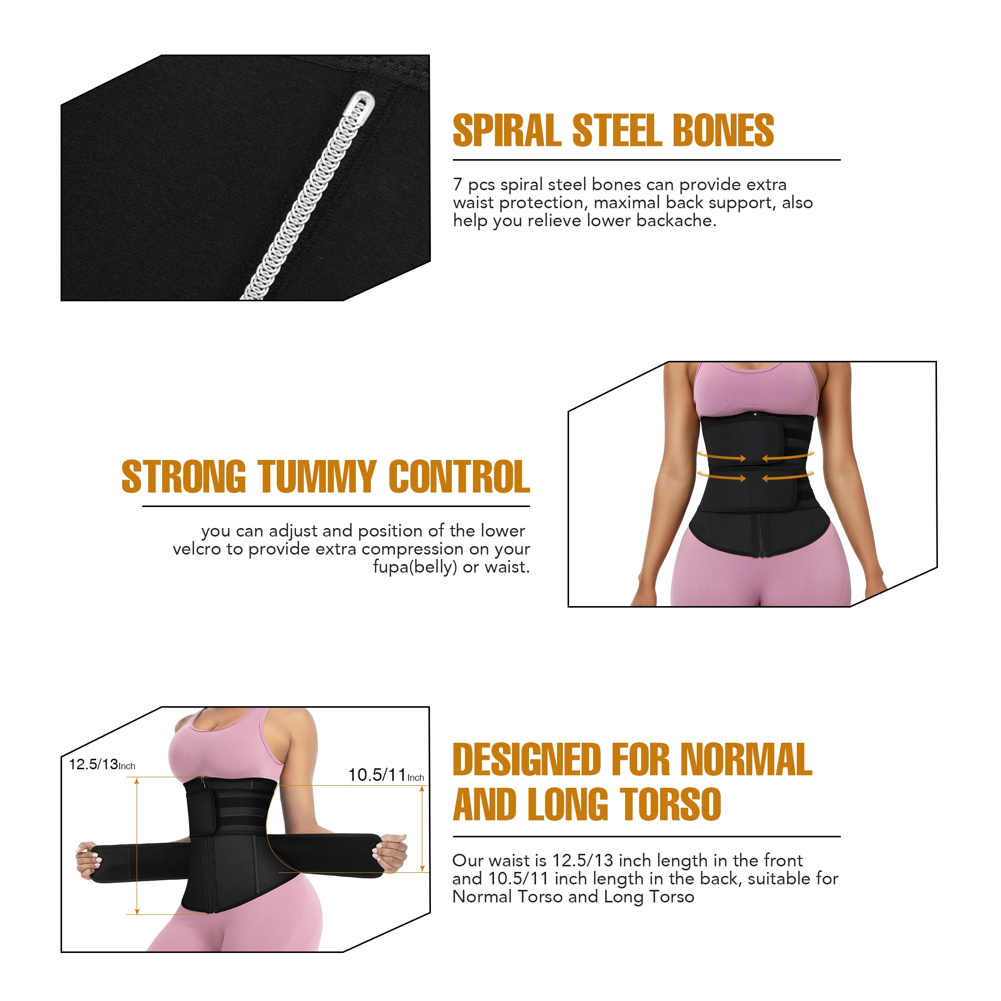 Waistdear Black Double Banded Zipper 7 Steel Boned Slimming  Body Latex  Women Tummy Wrap Waist Trainer
