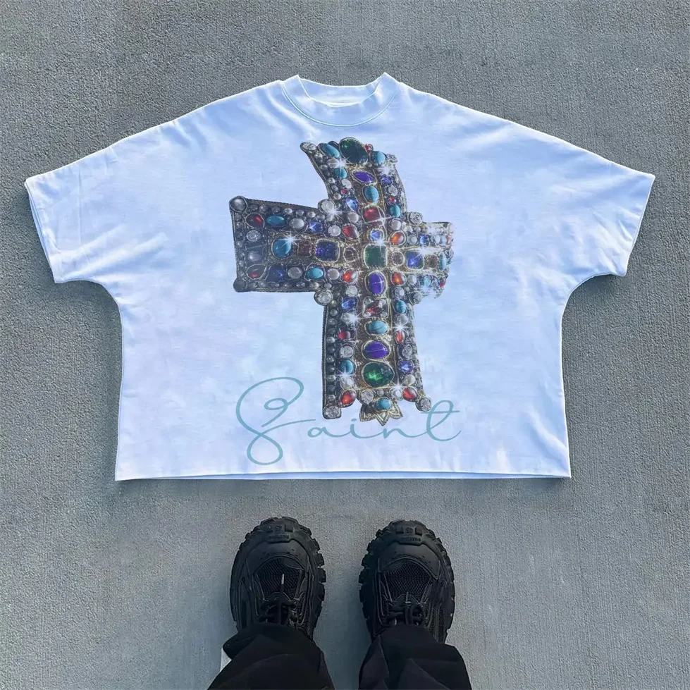 Мужская хлопковая укороченная футболка оверсайз с принтом