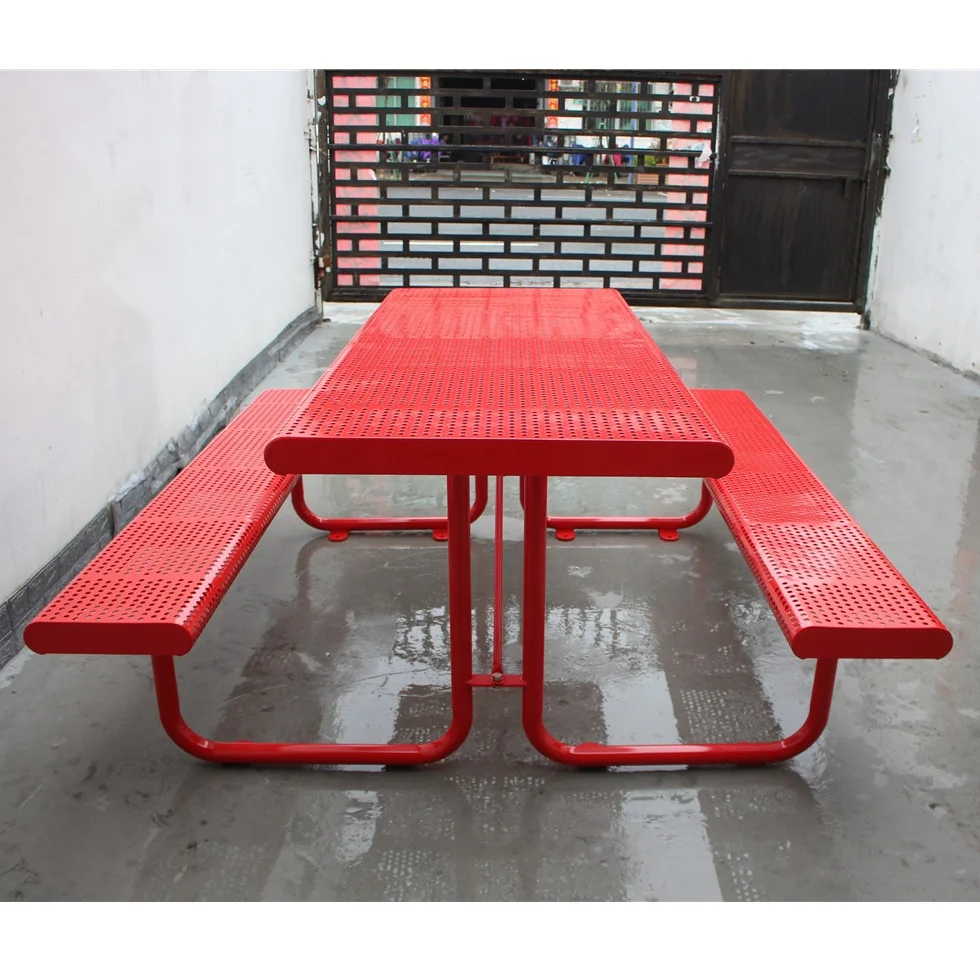 Perforated metal commercial outdoor table and bench set steel picnic table for public space