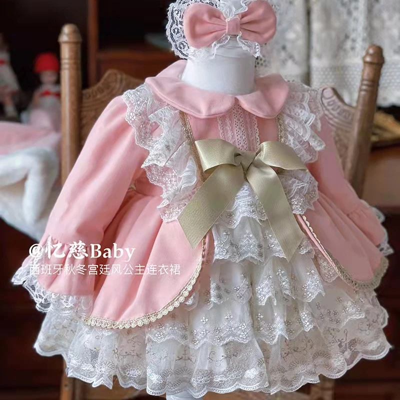 Lolita lace baby frock design thick lining  kid girls Spanish dresses long flower party dress for kids
