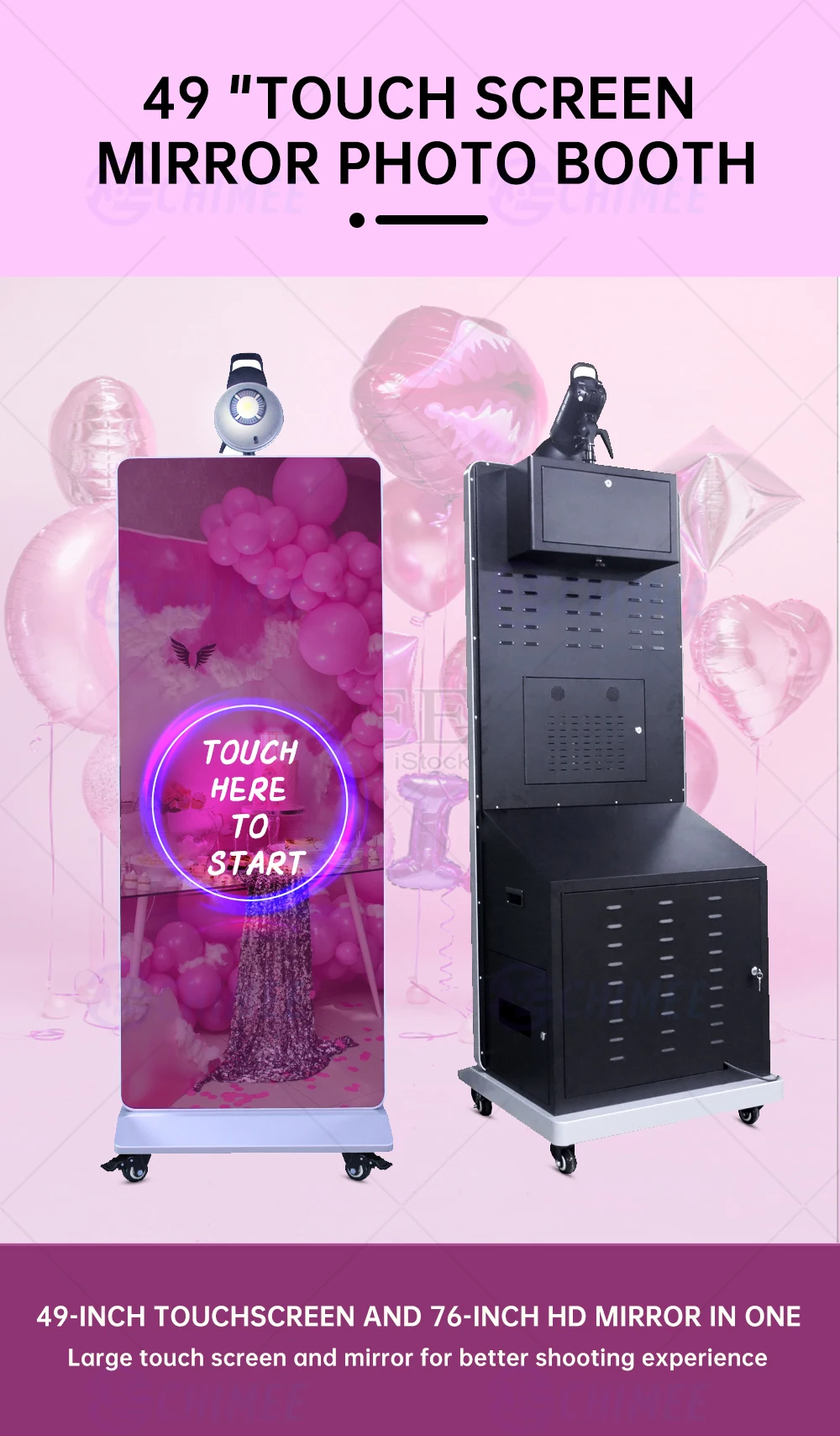 Personalized Photo Booth: 76 Inch DSLR Magic Mirror with LED Touch Screen and iPad Roaming