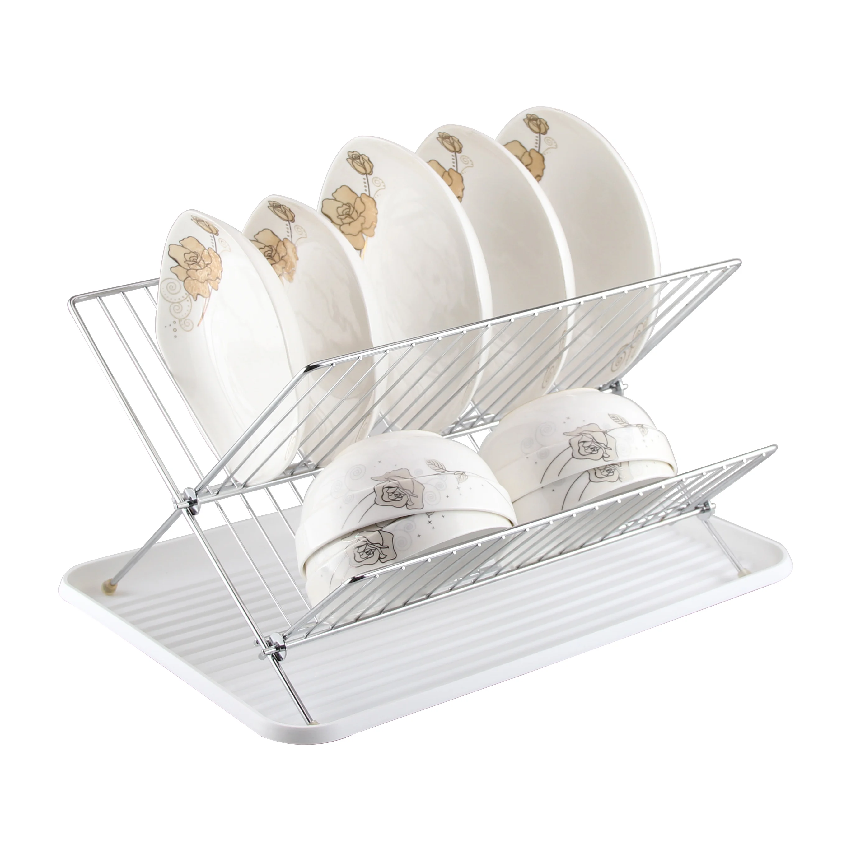 Kitchen Folding Dish Rack Holder Plate Storage Chrome Plate  Detachable Organization with Drain Tray