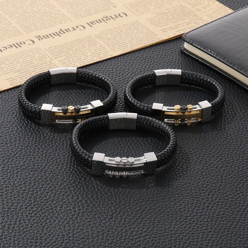 New fashion jewelry stainless steel metal rivet punk style magnet buckle leather bracelet
