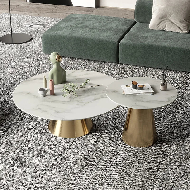 Simple Luxury Black Gold Metal Glass Marble Stone  Wood Round End Table Side Nest Set of 2 Nesting Coffee Table