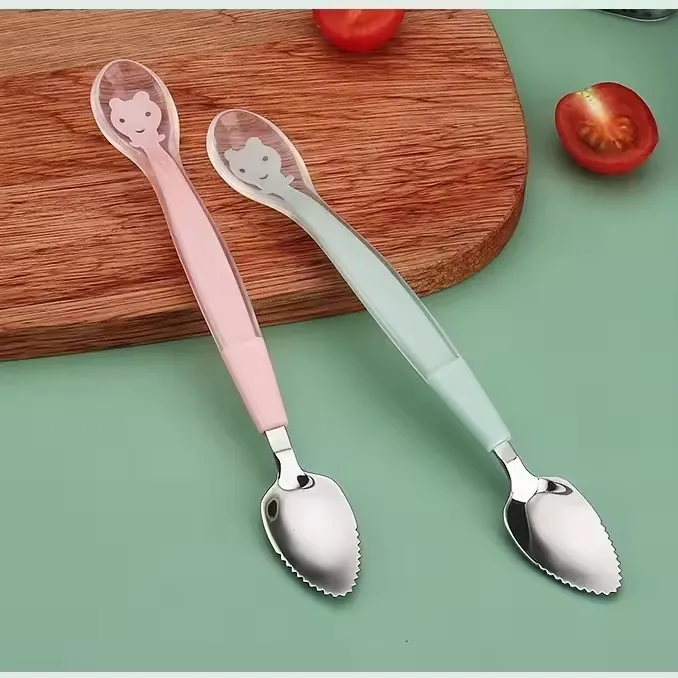 New Design Double Head scraper mud spoon Stainless Steel Fruit Mud Spoon Baby Silicone Spoon for Kids