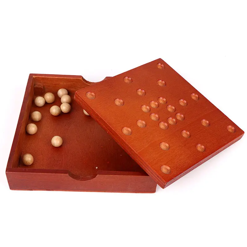 Wooden Solitaire Game  Classic Board Game Marble Chess Mind Game 14cm Round Board with Wooden Balls