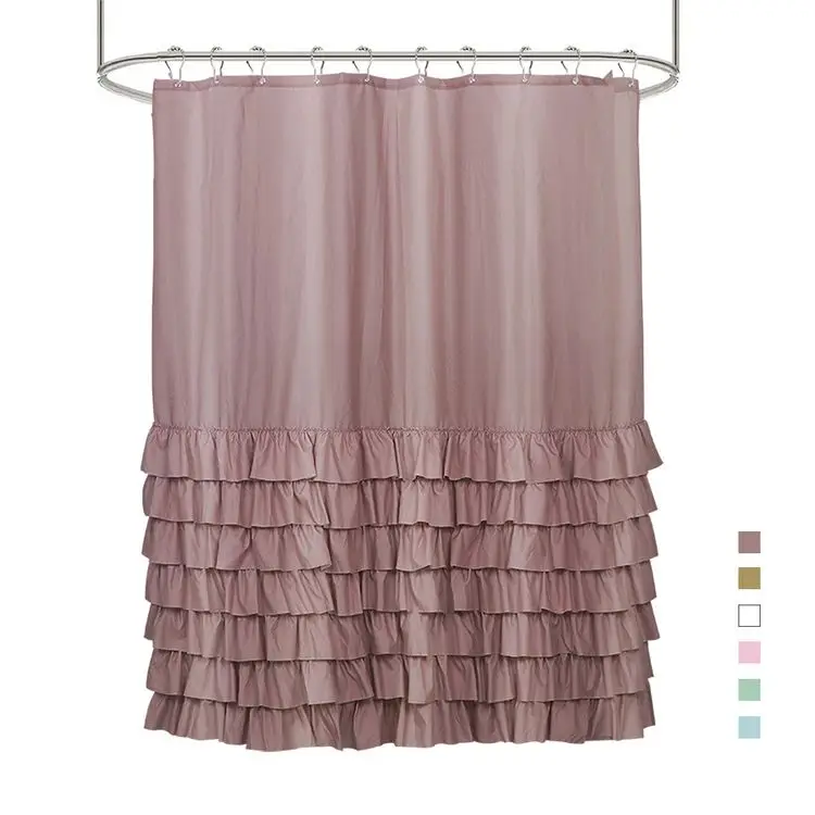 Luxury Ruffle Style Home Decor Soft Polyester Waterproof Solid Fabric Bath Bathroom Shower Curtains
