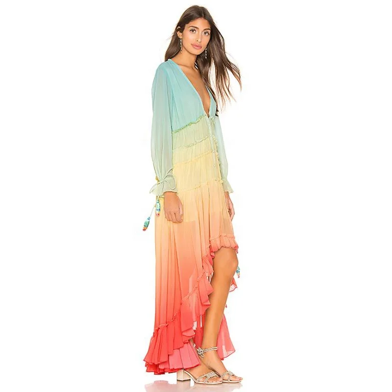 Women ruffles sweet vestidos rainbow print summer bohemian dress holiday long beach dress bohemian beach maxi dresses