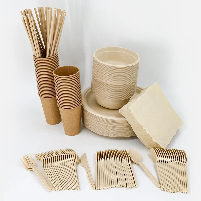 Disposable Biodegradable Compostable Sugarcane Bagasse Paper Plates And Bowls Cutlery Set Tableware For Wedding Party Picnics