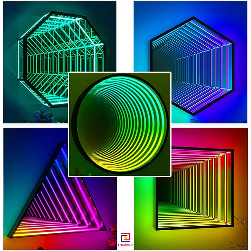 Modern Design Infinity Mirror Wall Light LED Tunnel Mirror with Remote Control Multi-Color Changing Glass Light