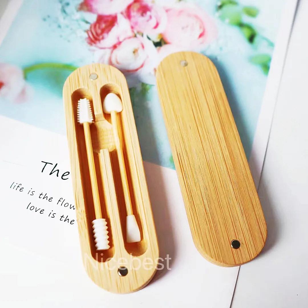 Custom logo eco friendly zero waste reusable bamboo box silicone ear bud swab