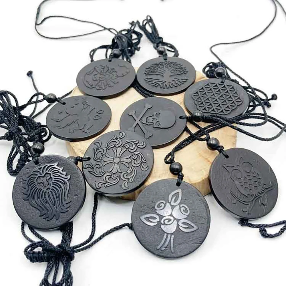 CHENYISHI 50%-70% Carbon Shungite Cheap Price Natural Stone Shungite Round and Cross Shaped Pendant Necklace for EMF Protection
