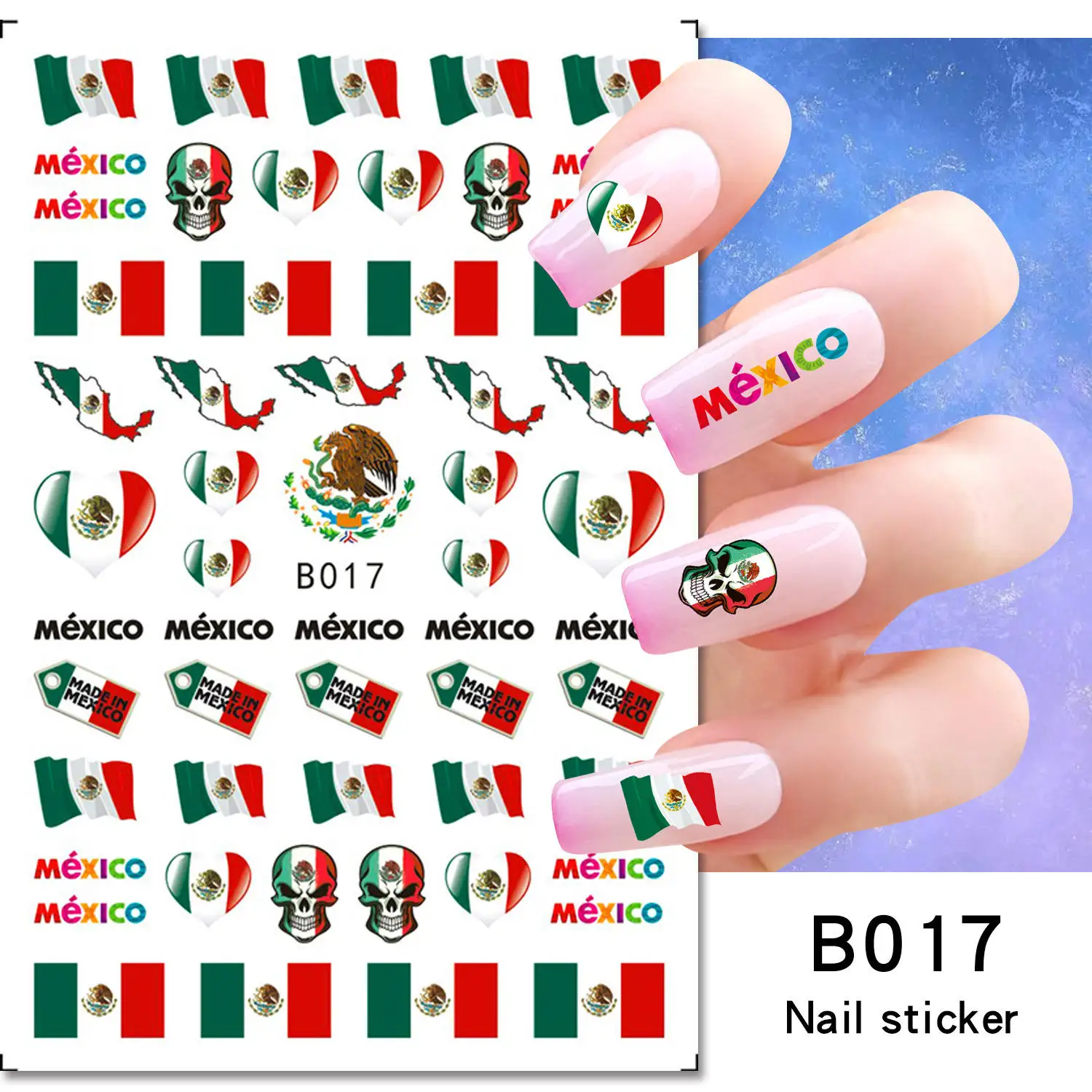 Mexico Flag Nail Art Stickers American Independence Day National Mexican Butterfly Heart Flame Series Nail Decal Slider