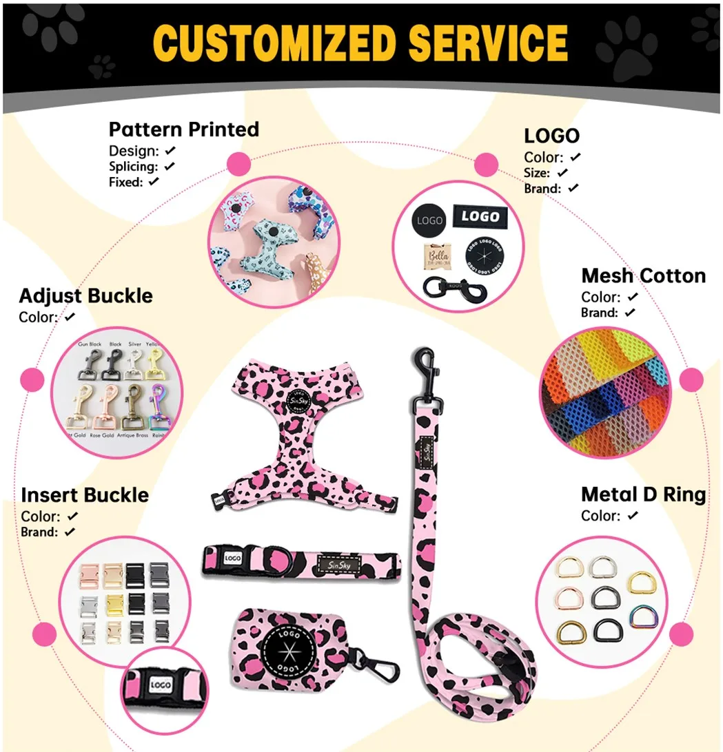 SinSky Made In Pink Leopard Print Training 6-piece Designer Adjustable Dog Harness Custom Luxury Dog Collar Leash Harness Set