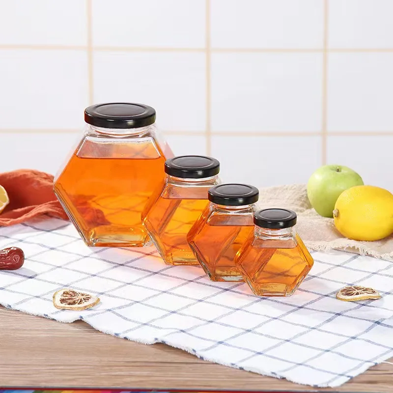 Wholesale Hexagon Glass Container Storage Bottle With Metal Lid Food Storage Bottle Glass Honey Jar