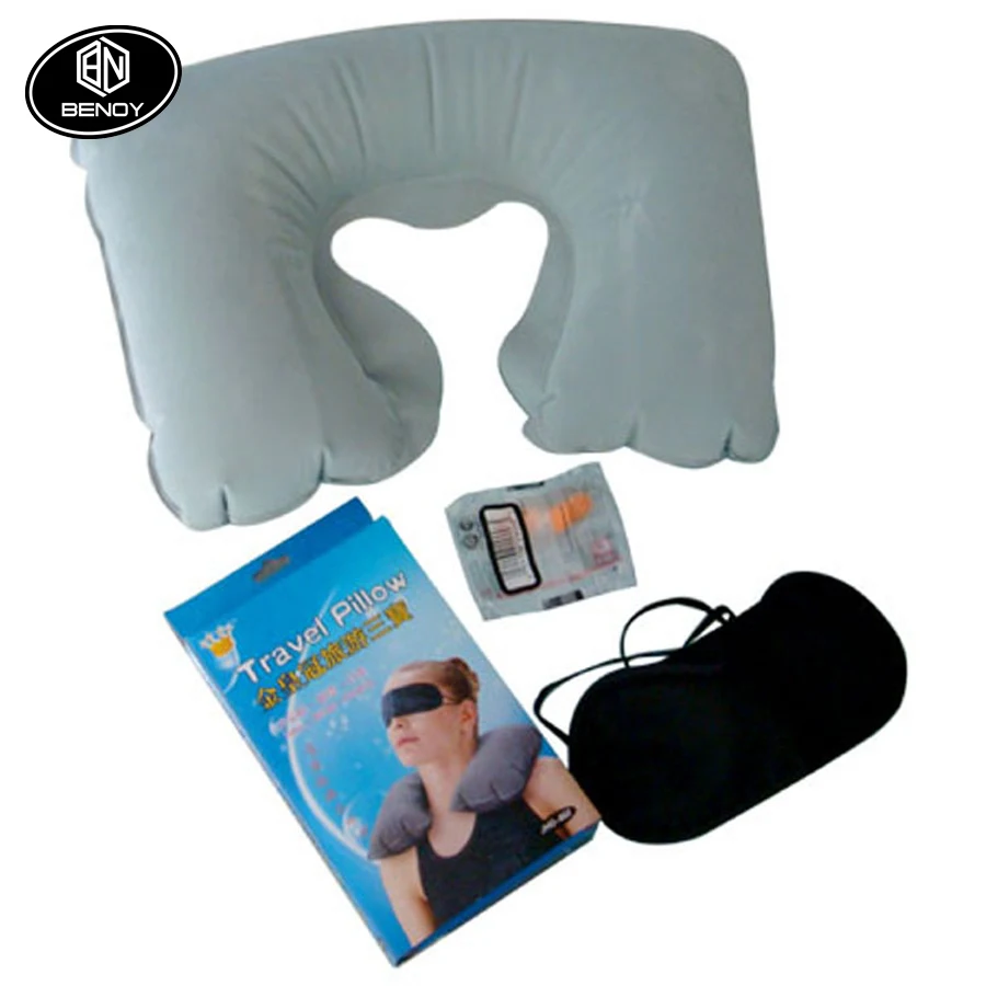 Factory wholesale cheap 3 in 1 airline Travel inflatable neck support pillow sleep eye mask ear plug set kit