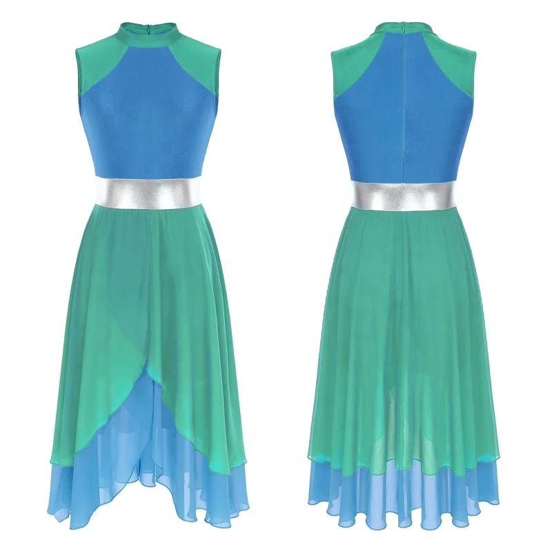 Newest Womens Color Block Mock Neck Split Asymmetrical Hem Dancewear Dresses Sleeveless Dance Dress