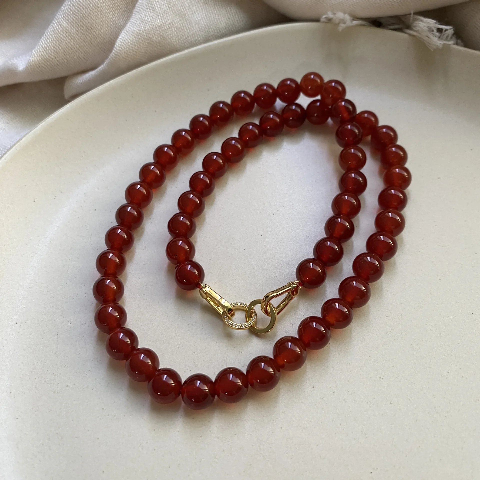 New Chinese Agate Beaded Advanced Elegant Charm Style Color Contrast Disc Necklace Sweater Chain