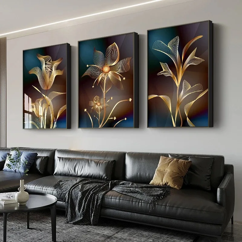 3 Panel Living Room Decor Botanical Luxury Gold Leaf Flowers Poster Print Floral Wall Art Painting With Frame