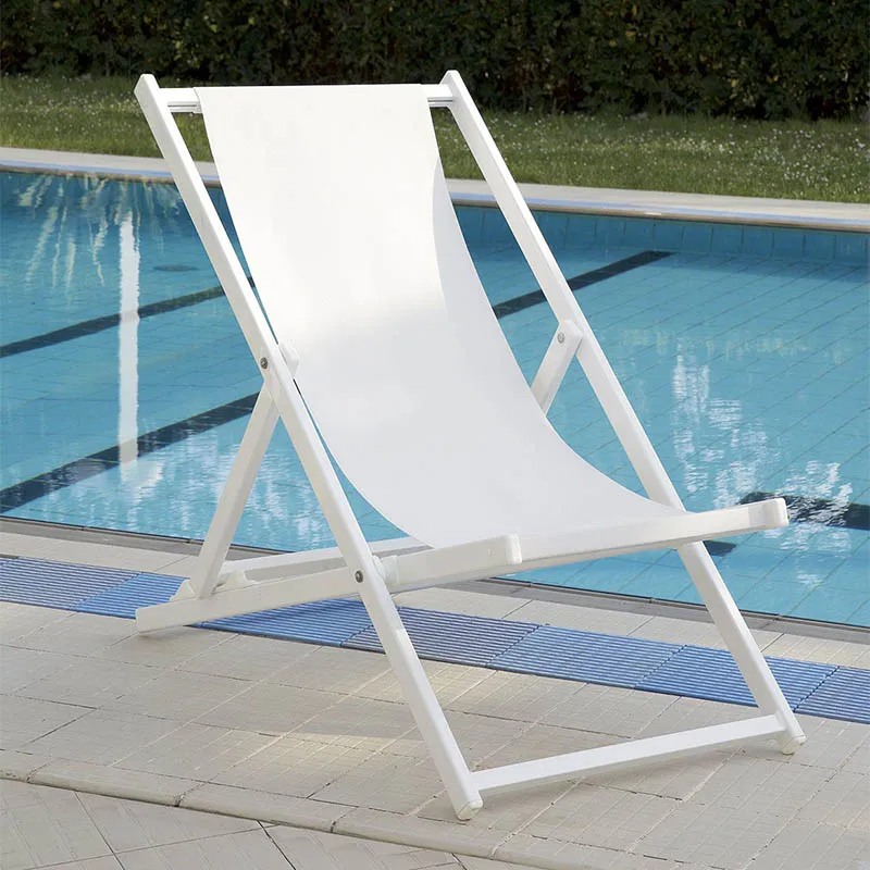 Hotel resort swimming pool outdoor sunlounger folding beach chair lounge chair white sling Serge Ferrari Batyline Fabric