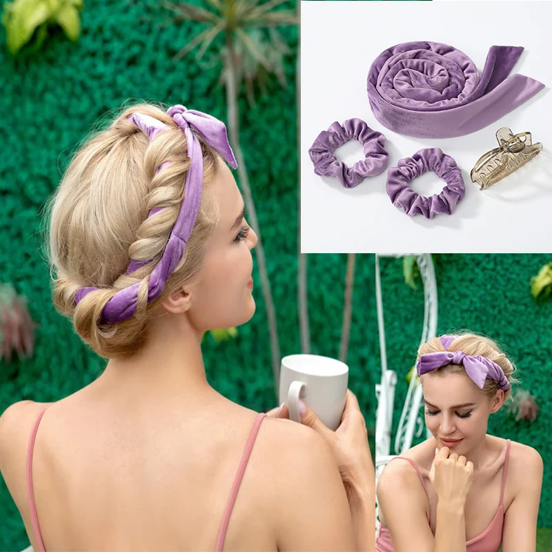 Private Label Velvet Curly Hair Curler Rollers Heatless Silk Curl Hair Headband Flexible Curlers Ribbon