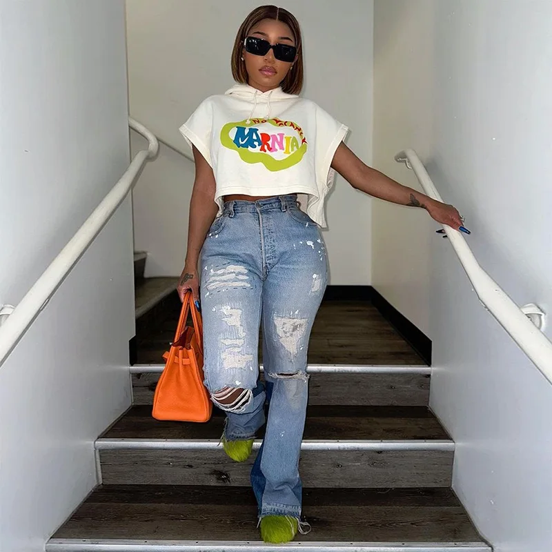 2023 New Wholesale Baggy Streetwear T Shirts White Hoodie Crop Tops Short Sleeve Summer Print Graph Loose Tees Women T-Shirts