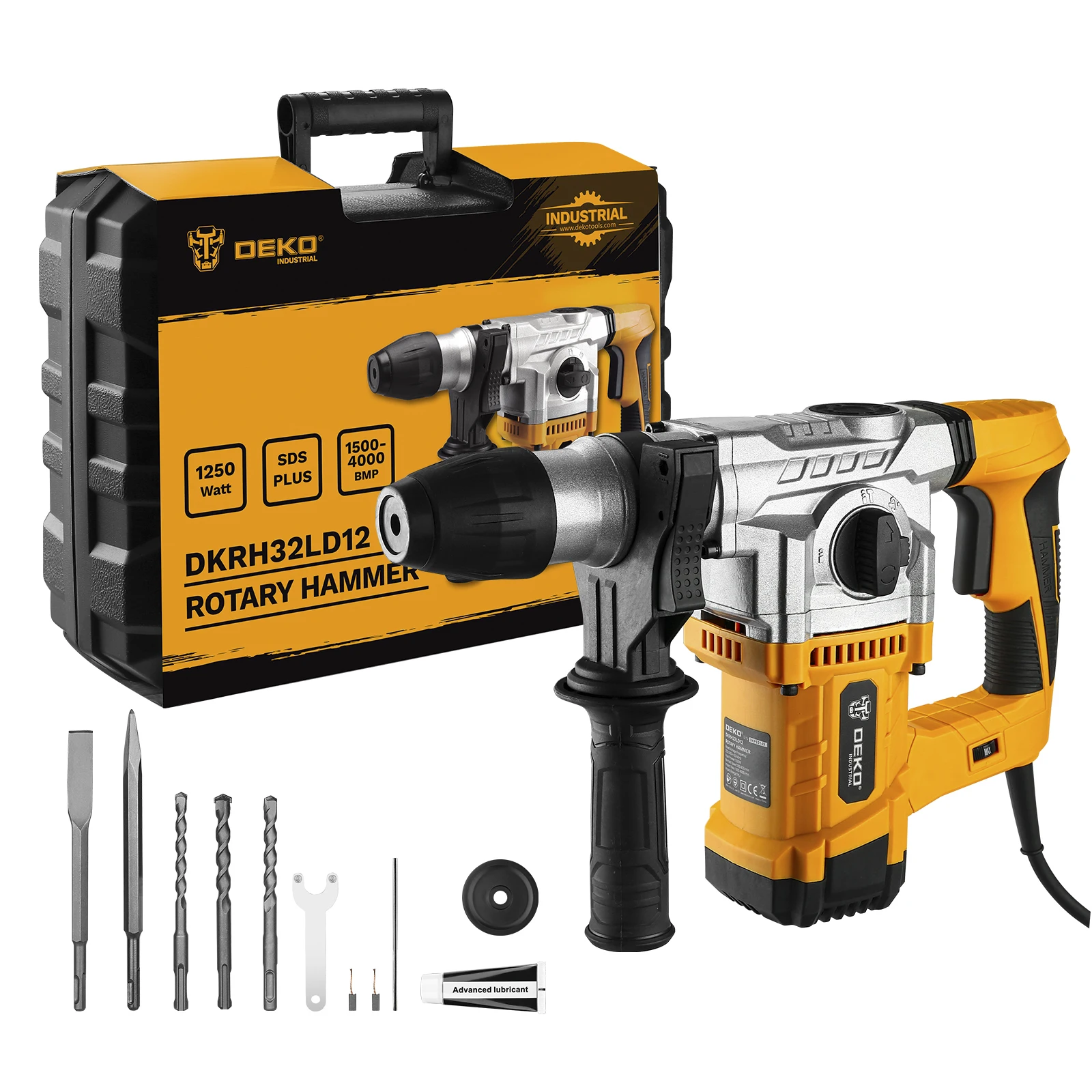 DEKO DKRH32LD12 Professional Rotary Hammer 1250W Concrete Steel Wood Drilling 300-800rpm 1500-4000bpm Electric Hammer Drill