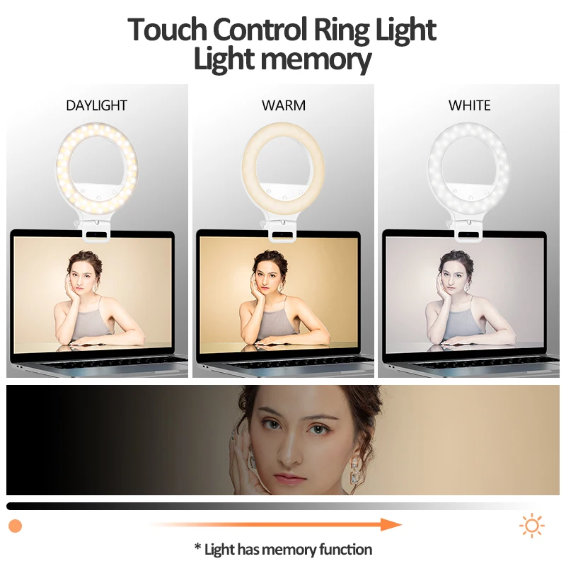 Поворот на 360 градусов, сенсорное управление, плавная регулировка 3500K 8500K, теплый белый свет, 2 м, Usb-шнур, шарнирный зажим, кольцо для селфи