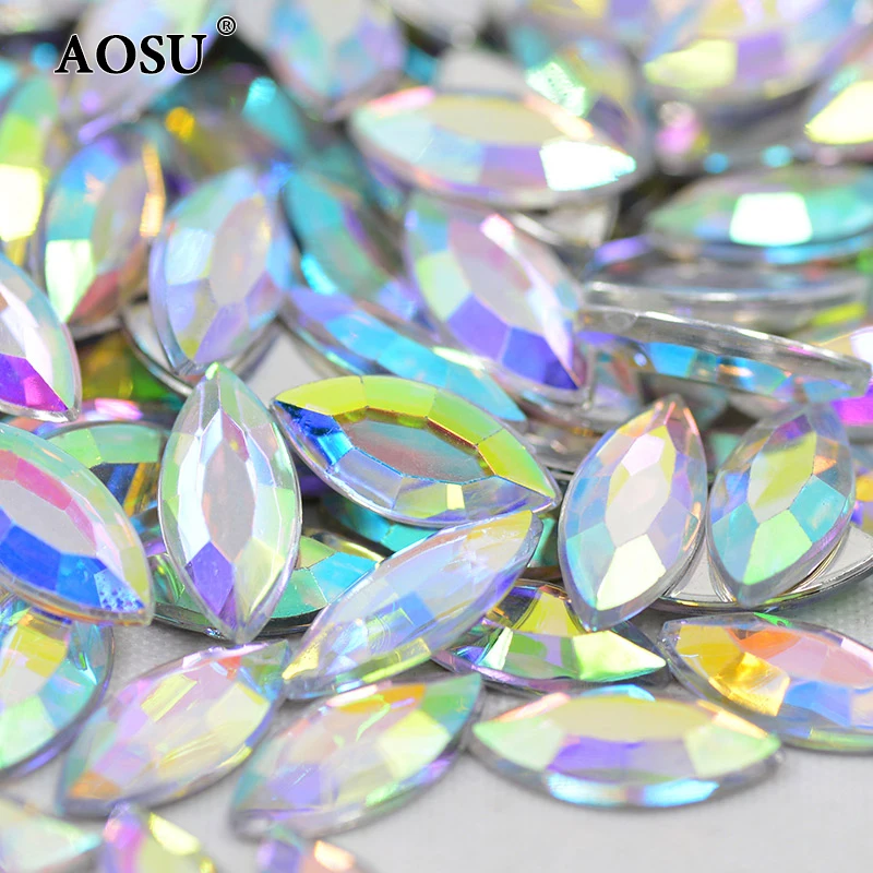 AOSU Wholesale 7*15mm Horse Eye Crystal AB Strass Flatback Gems Acrylic Rhinestones For Clothes DIY Crafts