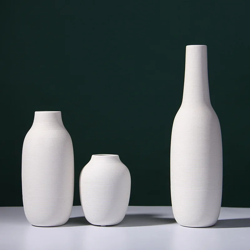 Simple Nordic style pure white screw thread plain fired ceramic vase dry flower arranger household soft decoration