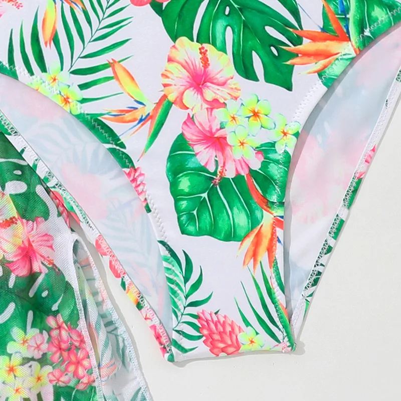 Swimsuit Kids Girl Flower Print Swimsuit Child Girl Baby 3 Pcs Set Long Sleeve Swimsuits + Tank Top + Bikini Thong