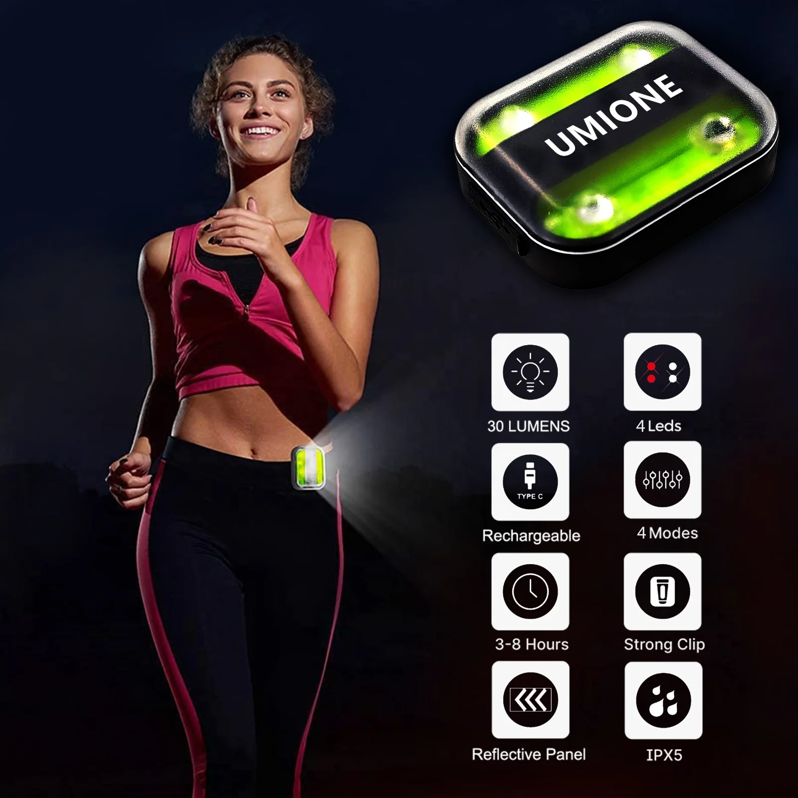 UMIONE Reflective USB Rechargeable LED Light Running Reflector Clip Light Outdoor Warning Light