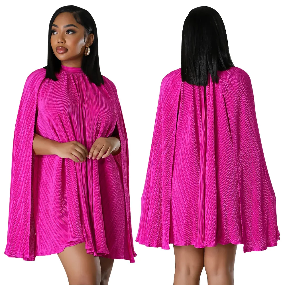 QuiteS 2024 New Solid Color Pleated Cape Sleeve Dress Women Party Dresses Long Evening Elegant