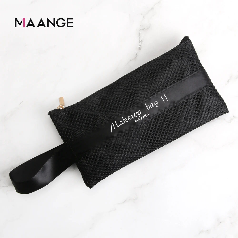 MAANGE Wholesale Custom Logo Portable Makeup Organizer Bags Travel Black Nylon Mesh Zipper Cosmetic Bag