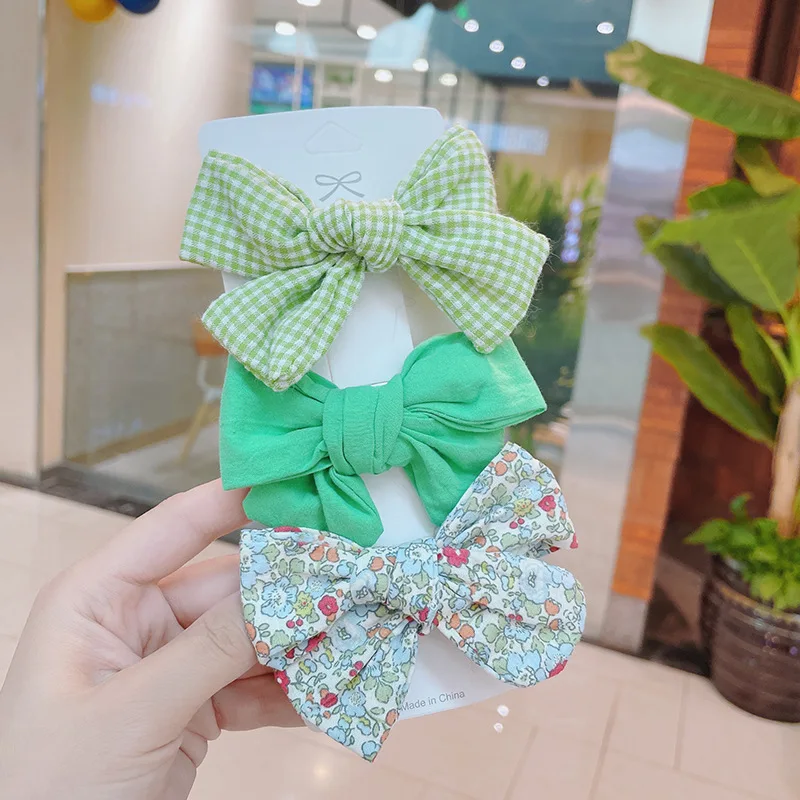 Korean Children Small Fresh Floral Bowknot Hairpin Large Plaid Floral Solid Color Bow Hair Clip Set