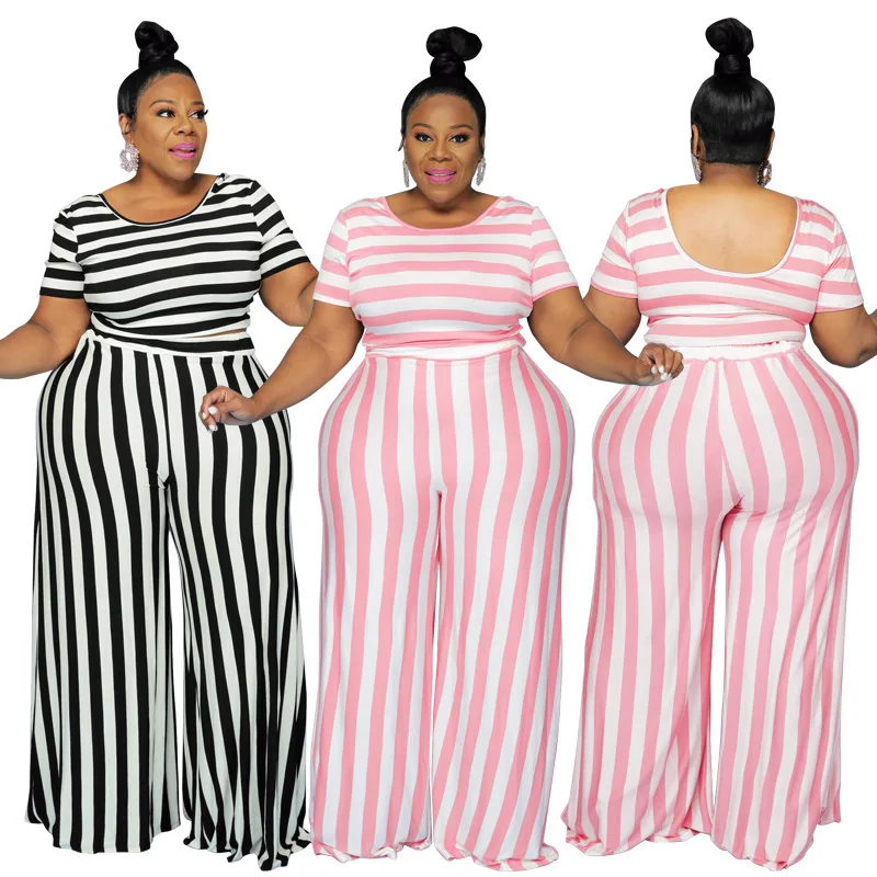 Striped printed casual suit plus size pink t-shirt high waist wide-leg pants two-piece loose black striped trousers suit 5xl