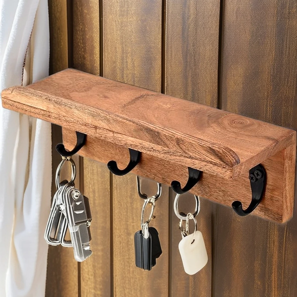 Acacia Wood Rustic Key Holder for Wall, Farmhouse Wall Shelf with 4 Hooks for Entryway Farmhouse Kitchen