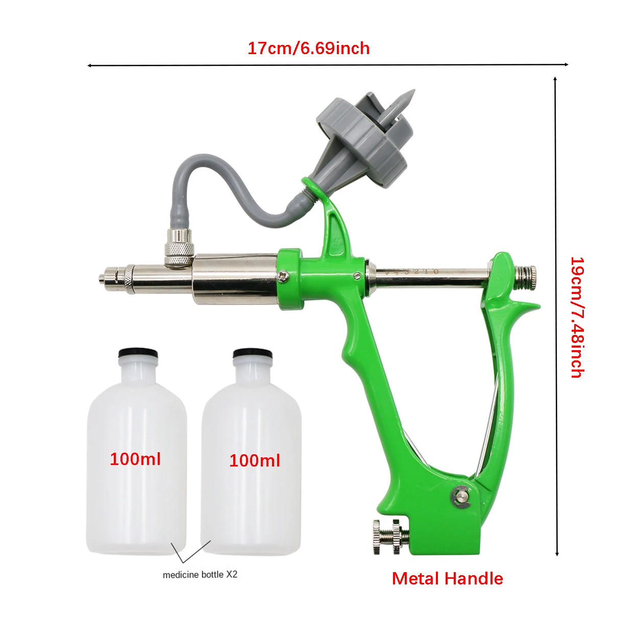 2/5ml Livestock Automatic Syringe Chicken Pig Bull Sheep Adjustable Continuous Vaccine Injector with 2 Vaccine Bottles
