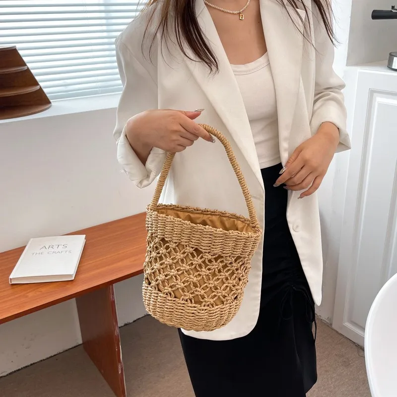 Women Straw Woven Tote Large Beach Handmade Weaving Shoulder Bag Purse Straw Basket Handbag
