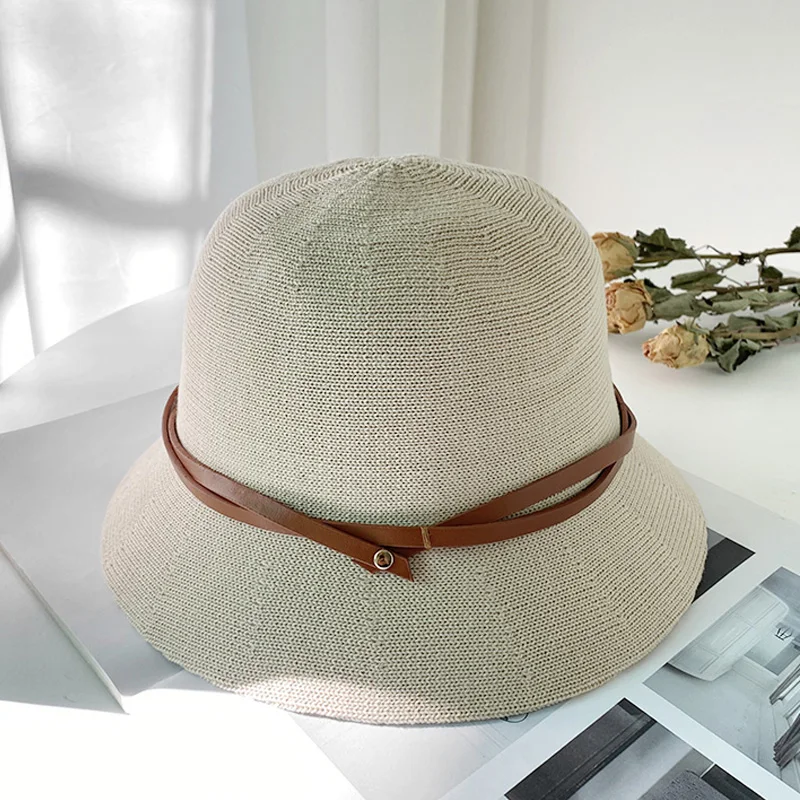 Wholesale Summer Mesh Hand-Woven Knit Sun Hat Women Fashion Korea Wide Brim UV Protection Dome Hollow out Bucket Hat with Belt