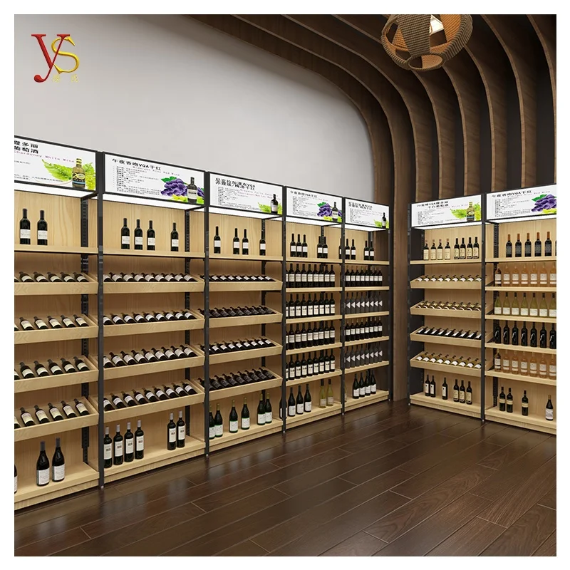 YSshelves customized retail red wine wall display showcase shop shelf display wooden liquor racks
