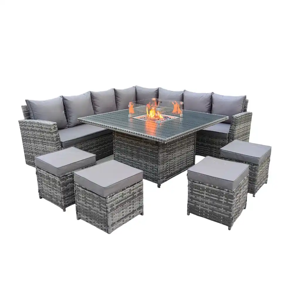 Outdoor Rattan Garden Furniture Patio Corner Sofa Cube Set with Fire Pit Table for Garden or Courtyard Use